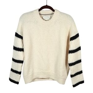 Brochu Walker Wool Alpaca Blend Striped Sleeve Sweater Cream XS fisherman nautic